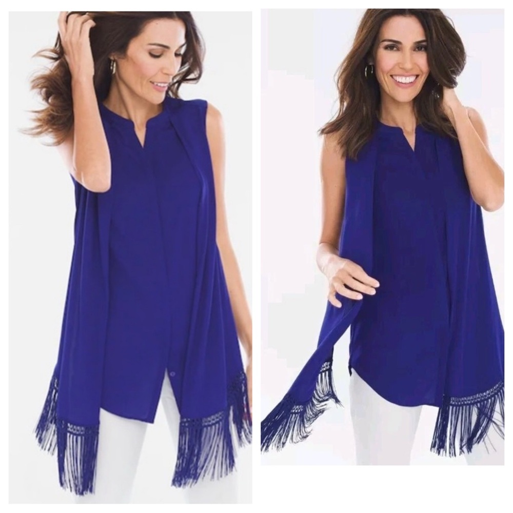 NWT CHICO’S Drama Fringe Trim Shirt In Mysterious Blue Size: L (Chico’s …